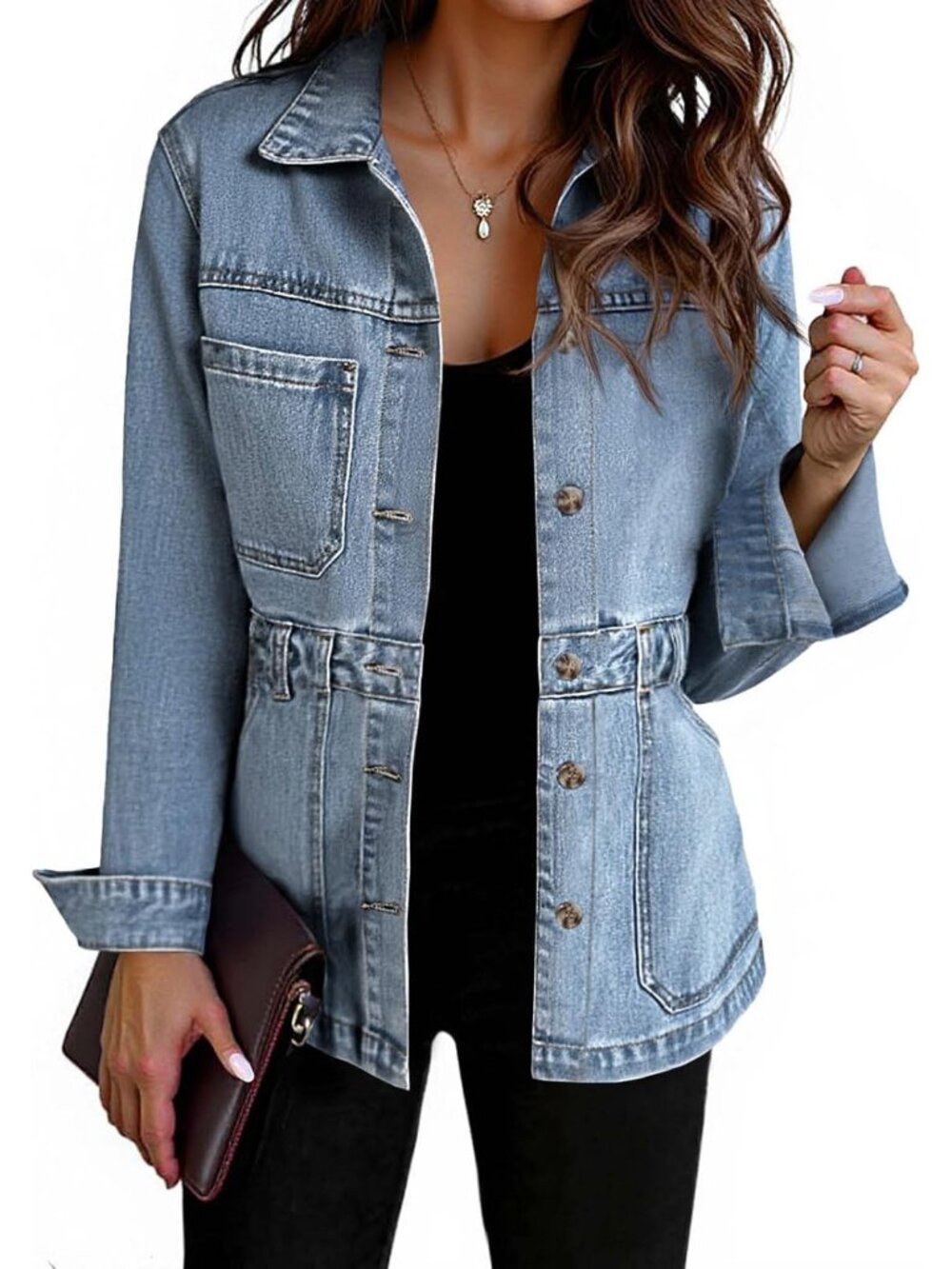 Women's Baby Blue Button Down Long Sleeve Side Pocket Casual Denim Jeans Jacket
